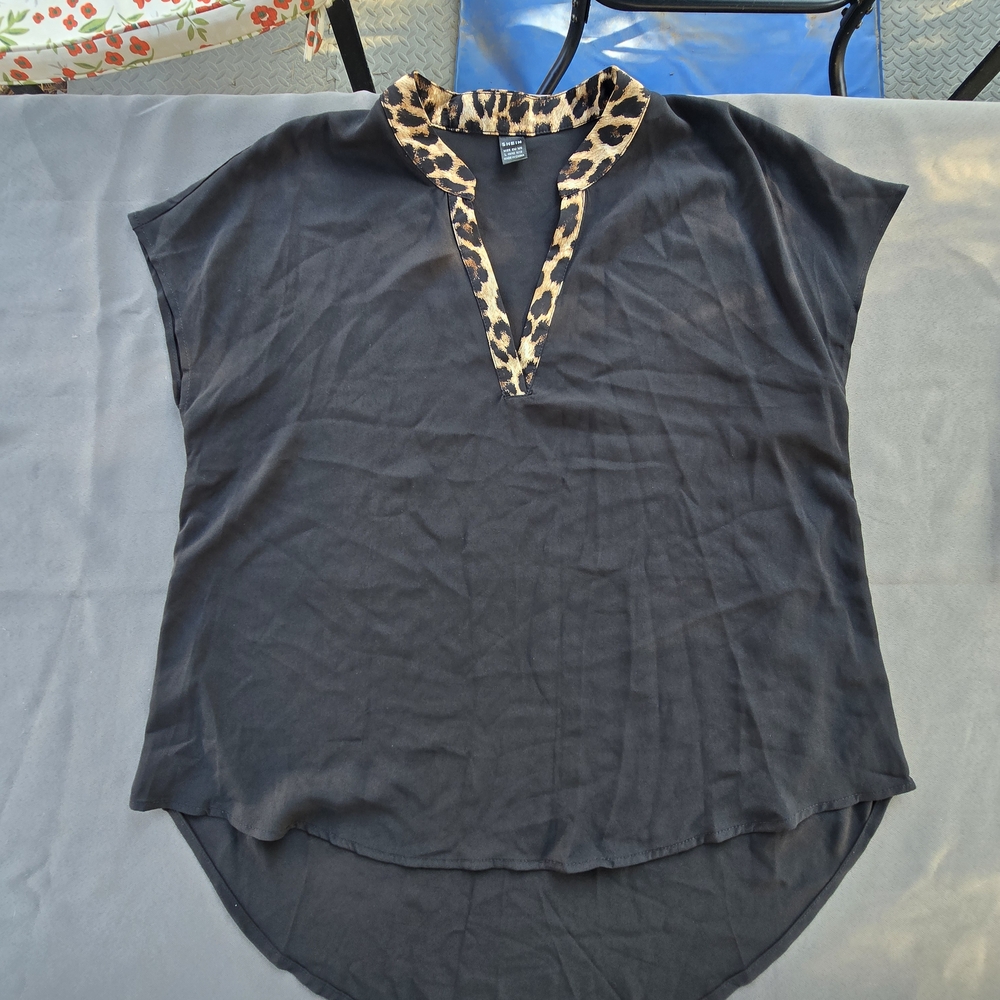 SHEIN Black Blouse with Leopard Print Trim L A-28